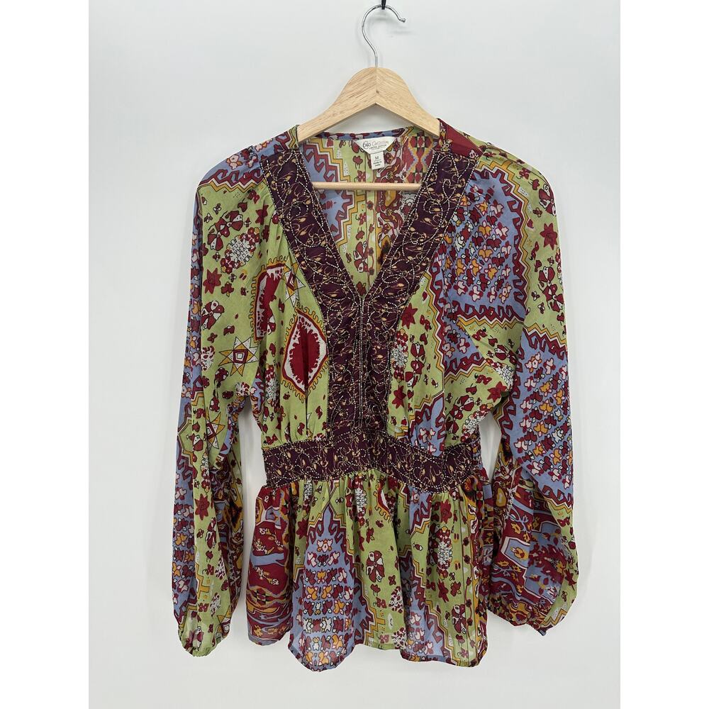 Cato Collection Womens Boho Babydoll Top Y2K Size Medium Festival Gypsy Beaded M